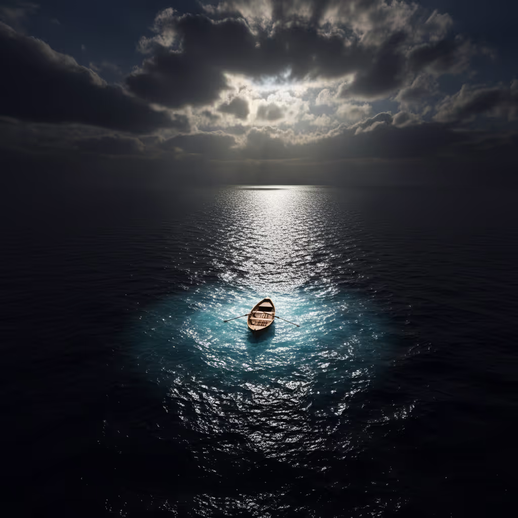 A tiny wooden boat alone on a vast dark ocean at night in dramatic moonlight, representing the universal theme of flood myths in ancient cultures