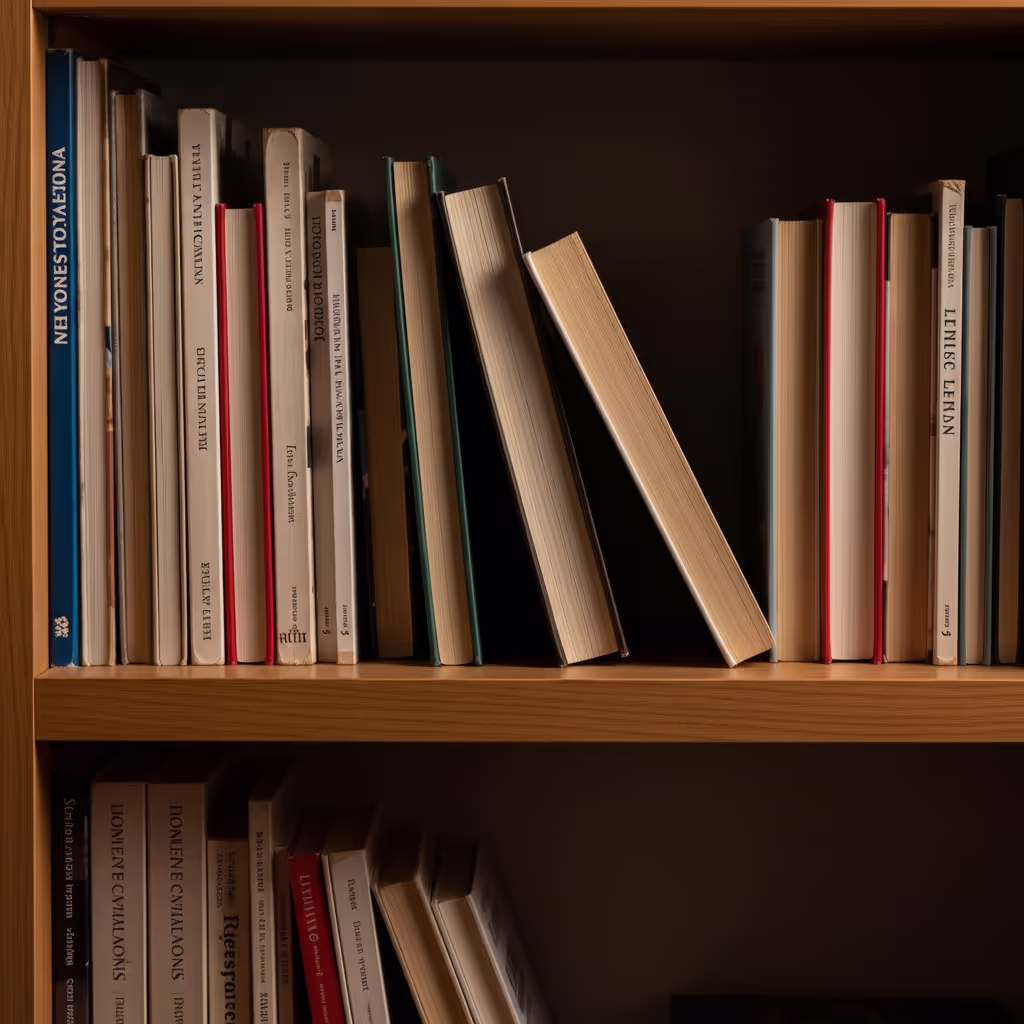 A small bookshelf with one book missing and surrounding volumes leaning into the gap, hinting at the moment a child starts reading for themselves by choosing their own story