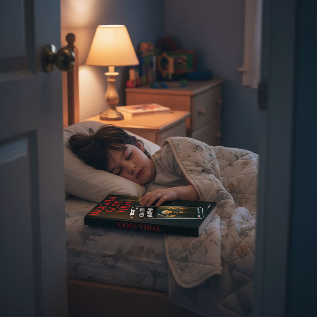 A child asleep with an book face-up on the pillow beside them in warm lamplight, representing the deep attachment of a child's favorite book