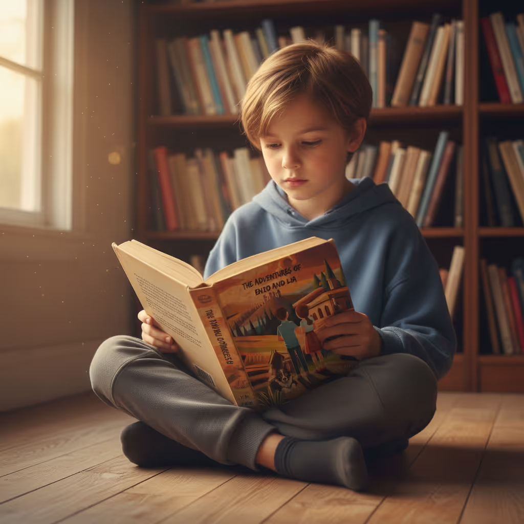 A child absorbed in a well-loved worn book on a wooden floor in afternoon light, surrounded by untouched books on shelves, illustrating what a child's favorite book looks like in practice