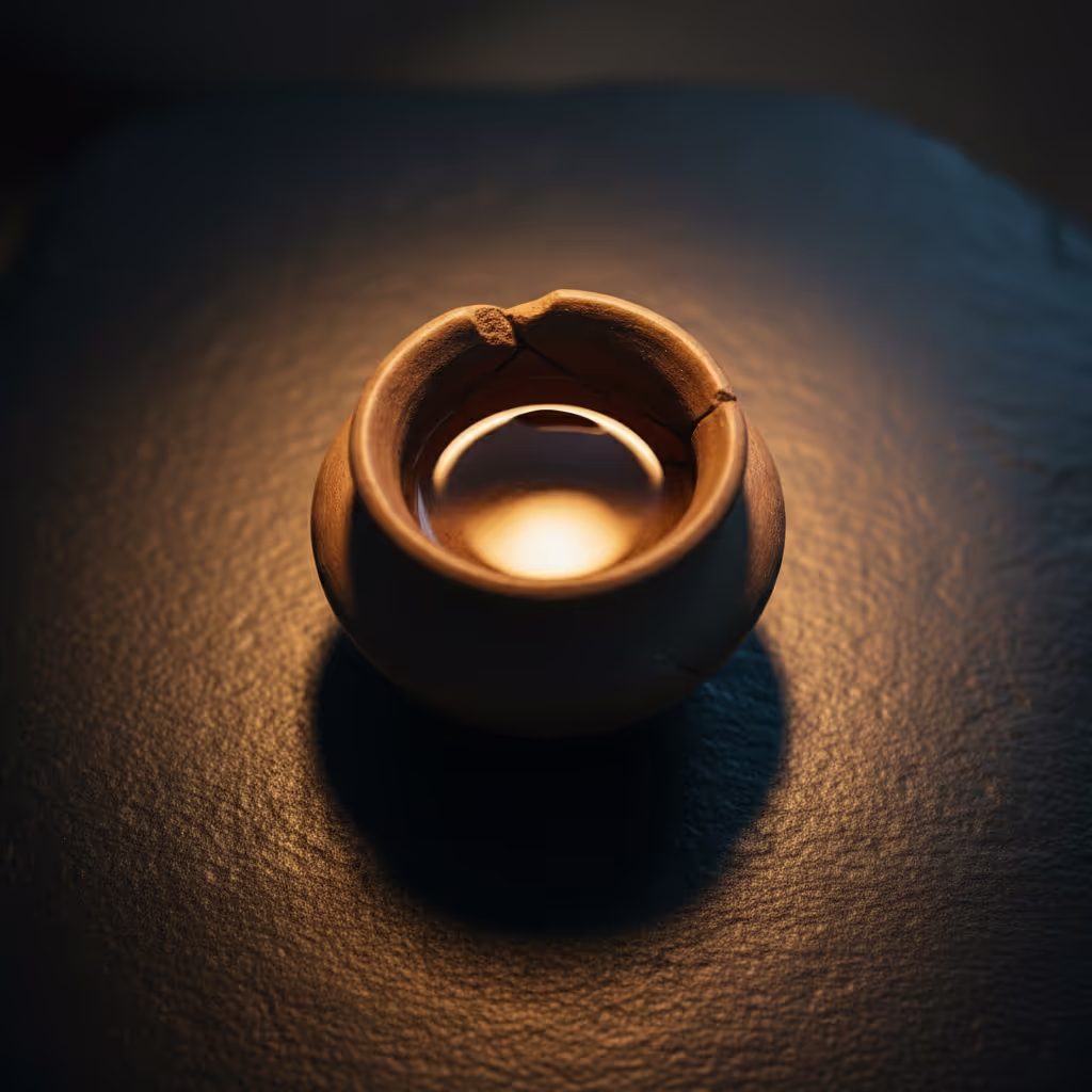 A single ancient clay vessel with a small amount of water inside on a dark surface in warm overhead light, featured image representing the enduring significance of flood myths in ancient cultures