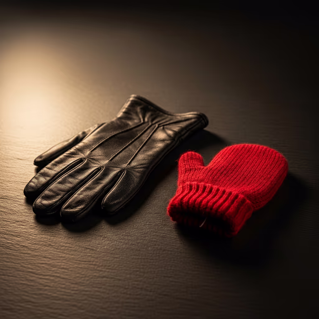 A long formal black leather glove with a flared cuff beside a small bright child's mitten on a dark stone surface in warm side light, hinting at the unlikely friendship at the heart of the Dracula chi