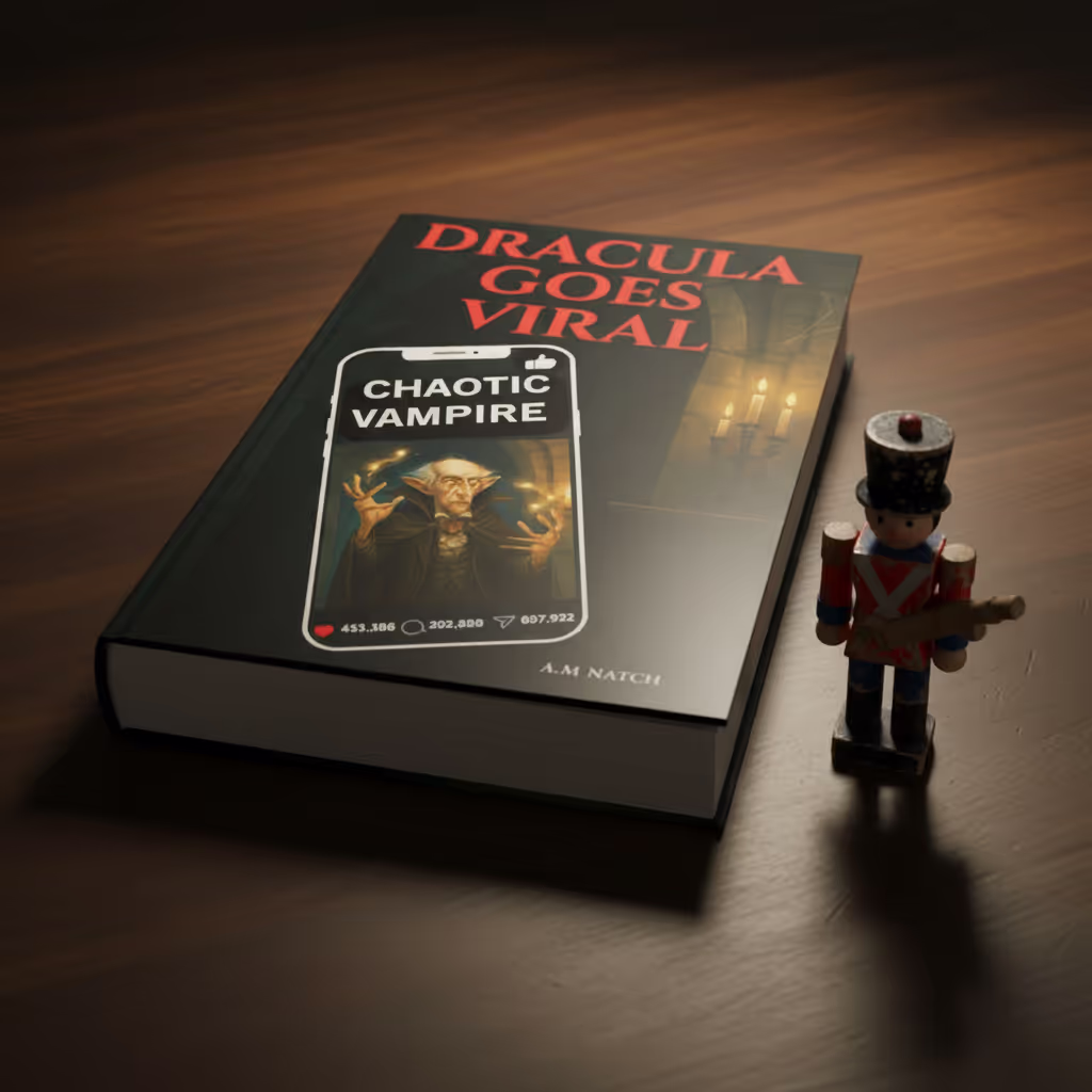 A copy of Dracula Goes Viral with a wooden soldier to the right warm overhead light, featured image representing the Dracula children's book and the friendship between the Count and a boy named Marki