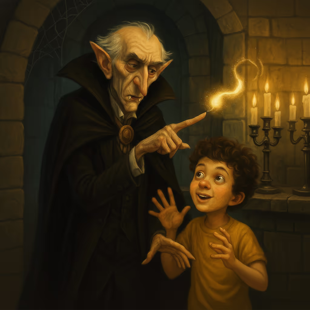 A vampire teaching magic to a small child beside him looking in awe, illustrating the central friendship of the Dracula children's book