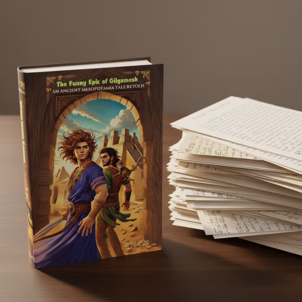 A copy of The Funny Epic of Gilgamesh with a stack of papers on a warm wooden surface, featured image representing the writing process behind how long it takes to write a book