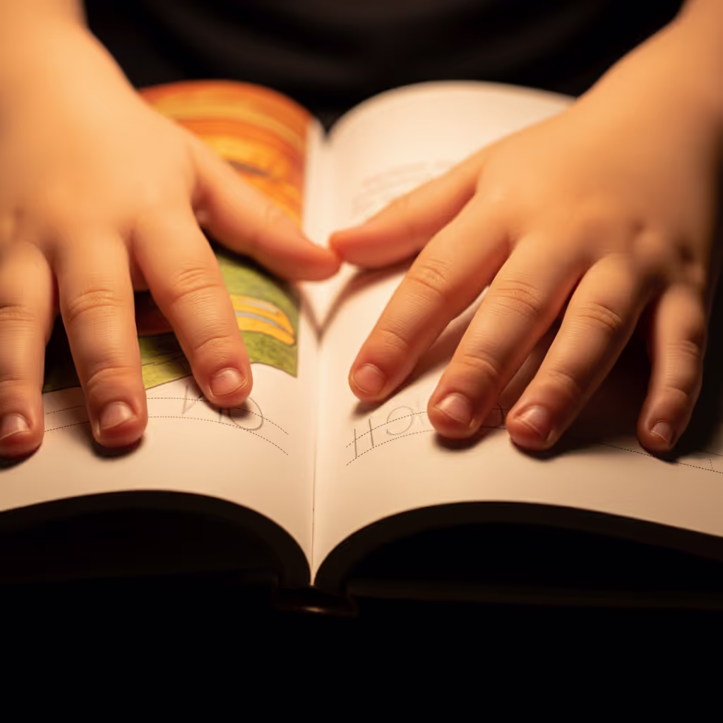 A child's small hands holding an open book in warm lamplight with a traced word visible on the page, illustrating the moment a child starts reading for themselves