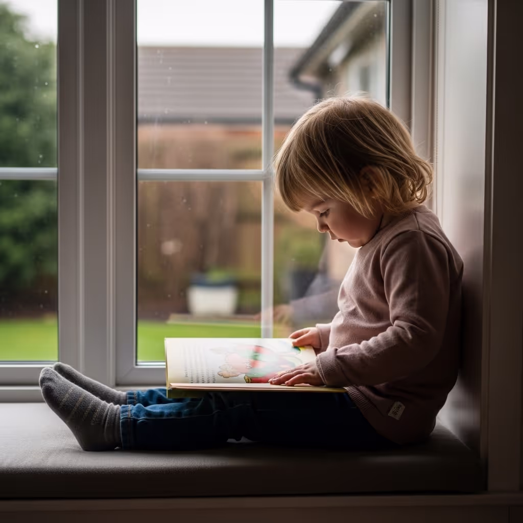 A small child alone on a window seat reading independently in late afternoon light, capturing the moment a child starts reading for themselves