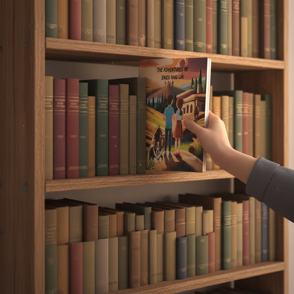 A bookshelf with one book pulled forward and more worn than its neighbors in warm side light, hinting at a child's favorite book chosen again and again from among many