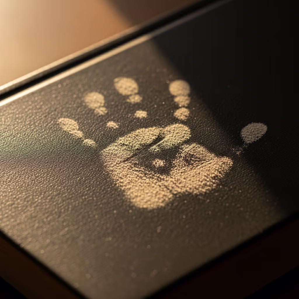 A child's handprint in dust on the cover of a closed book in warm raking light, hinting at a story that has been returned to many times
