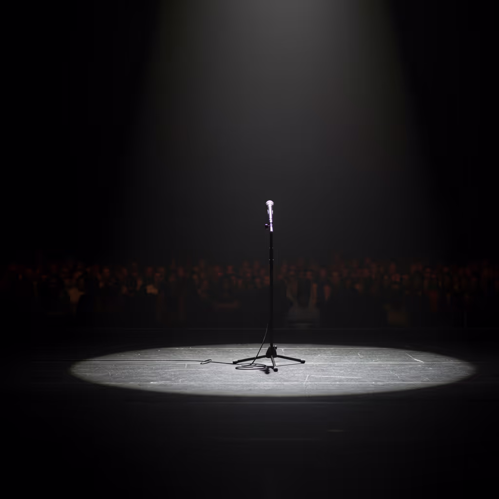 A spotlight on an empty stage with a tilted microphone stand, seats in shadow beyond, representing the art of the pause in comic timing in books and on stage