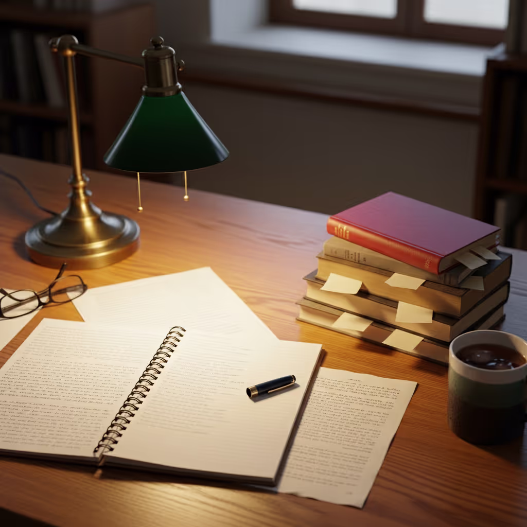 A working author's desk covered in notebooks, stacked books, and a cold cup of tea in warm lamplight, representing the real process of how long it takes to write a book