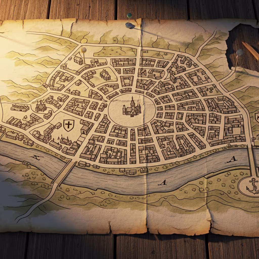 A worn hand-drawn map of an unidentifiable fictional town with marked buildings and missing corners
