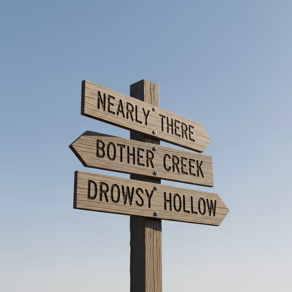 A weathered wooden signpost with worn directional signs in warm side light, featured image representing the sense of a place that existed long before the story