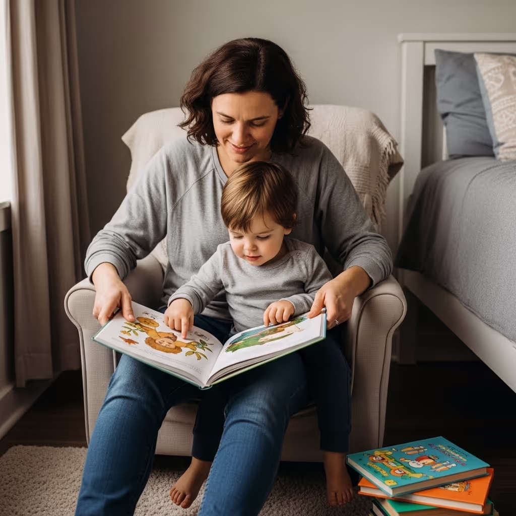 A parent and child reading together in a softly lit bedroom, the child pointing confidently at a familiar page, illustrating why children ask to hear the same story again