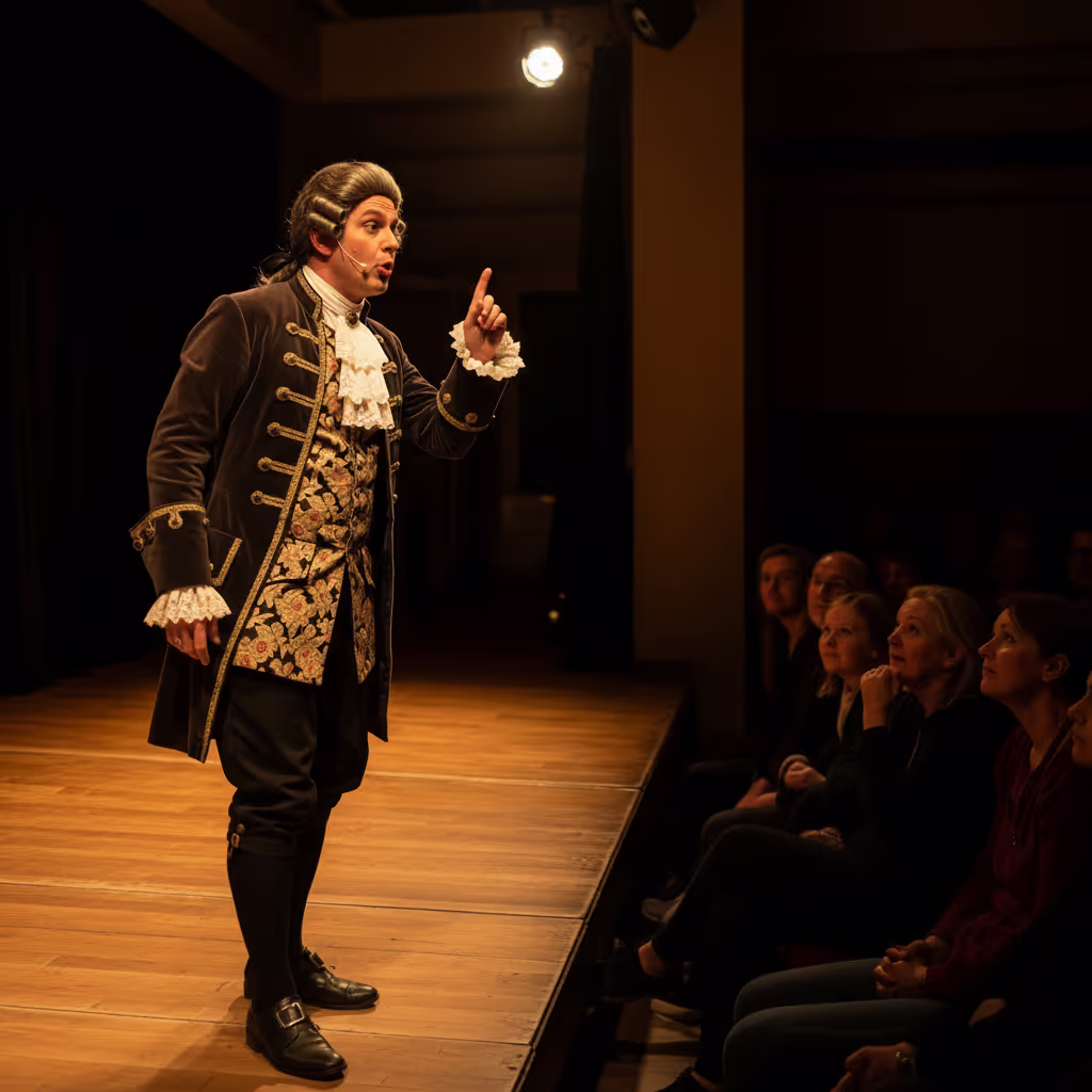 A period-costumed performer on stage with hand raised mid-gesture and audience leaning forward, illustrating the suspended moment of comic timing in books and on stage