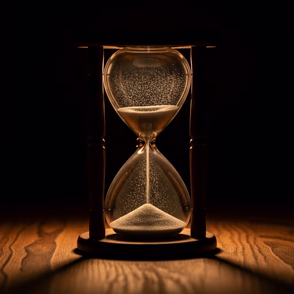 An hourglass with sand frozen mid-fall on a dark surface in warm side light, featured image representing the art of the pause in comic timing in books