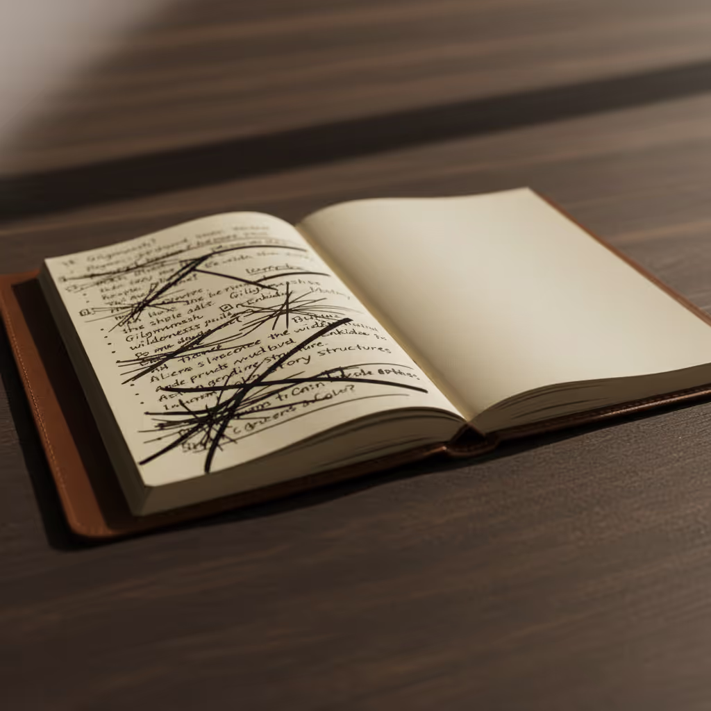 An open notebook with one page full of crossed-out notes and one completely blank in warm light, hinting at the uneven process behind how long it takes to write a book