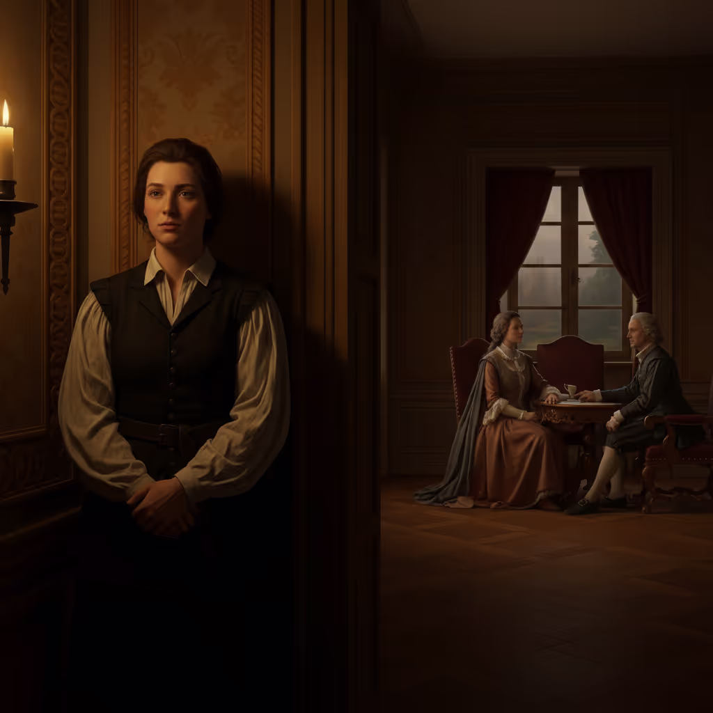 A plainly dressed figure watching unnoticed from a shadowed corner as two elaborately dressed figures converse, illustrating the untold perspectives in classic stories