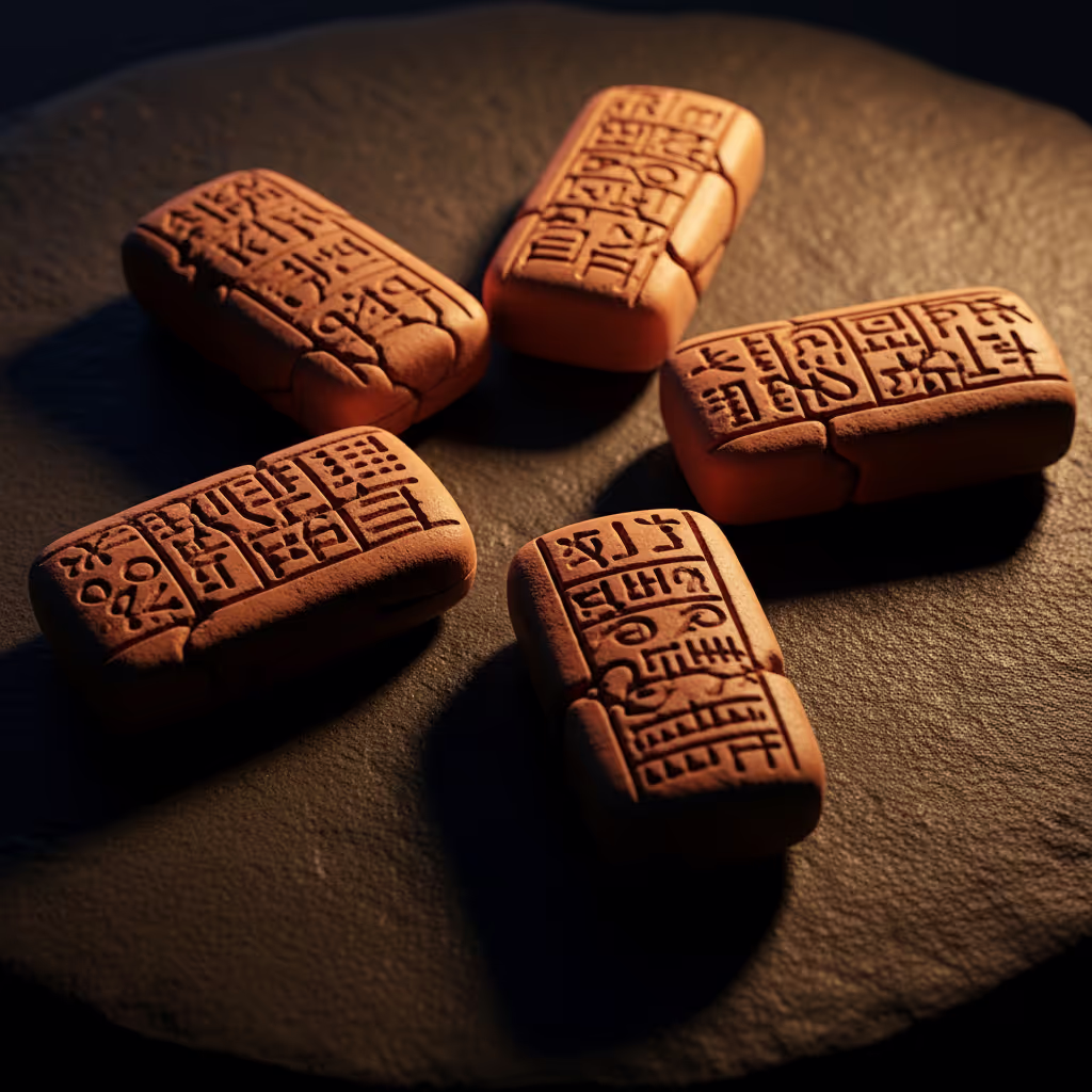 Six ancient clay tablets with different markings arranged in a circle on dark stone in warm light, hinting at the many independent flood myths in ancient cultures