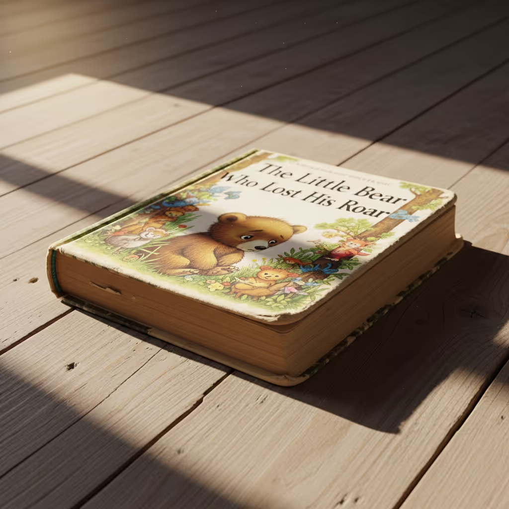 A well-worn picture book lying open on a wooden floor in warm light, its creased spine and soft corners showing it has been read many times — capturing why children ask to hear the same story again