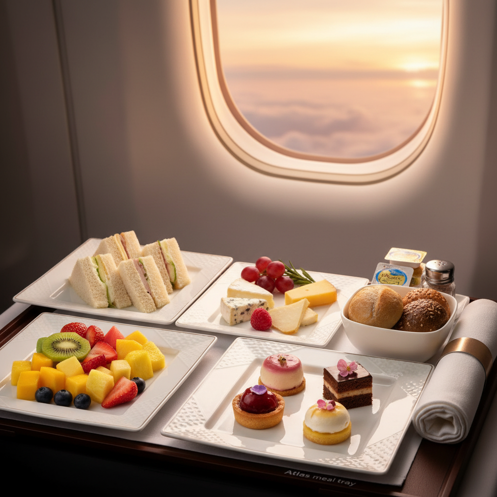 Luxurious atlas meal tray with exquisite gourmet food served on a private jet