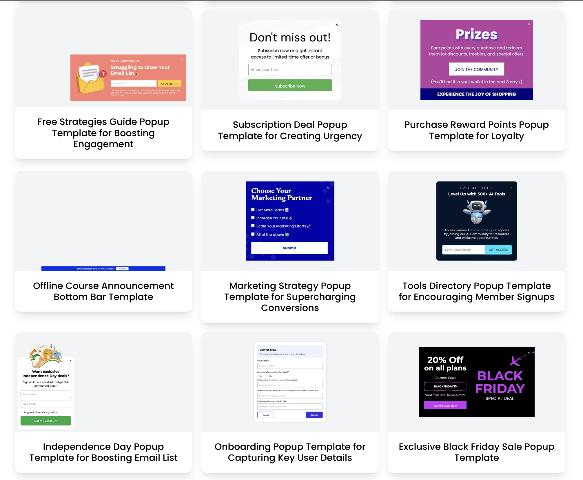 A grid showcasing nine different website popup and banner templates. 
