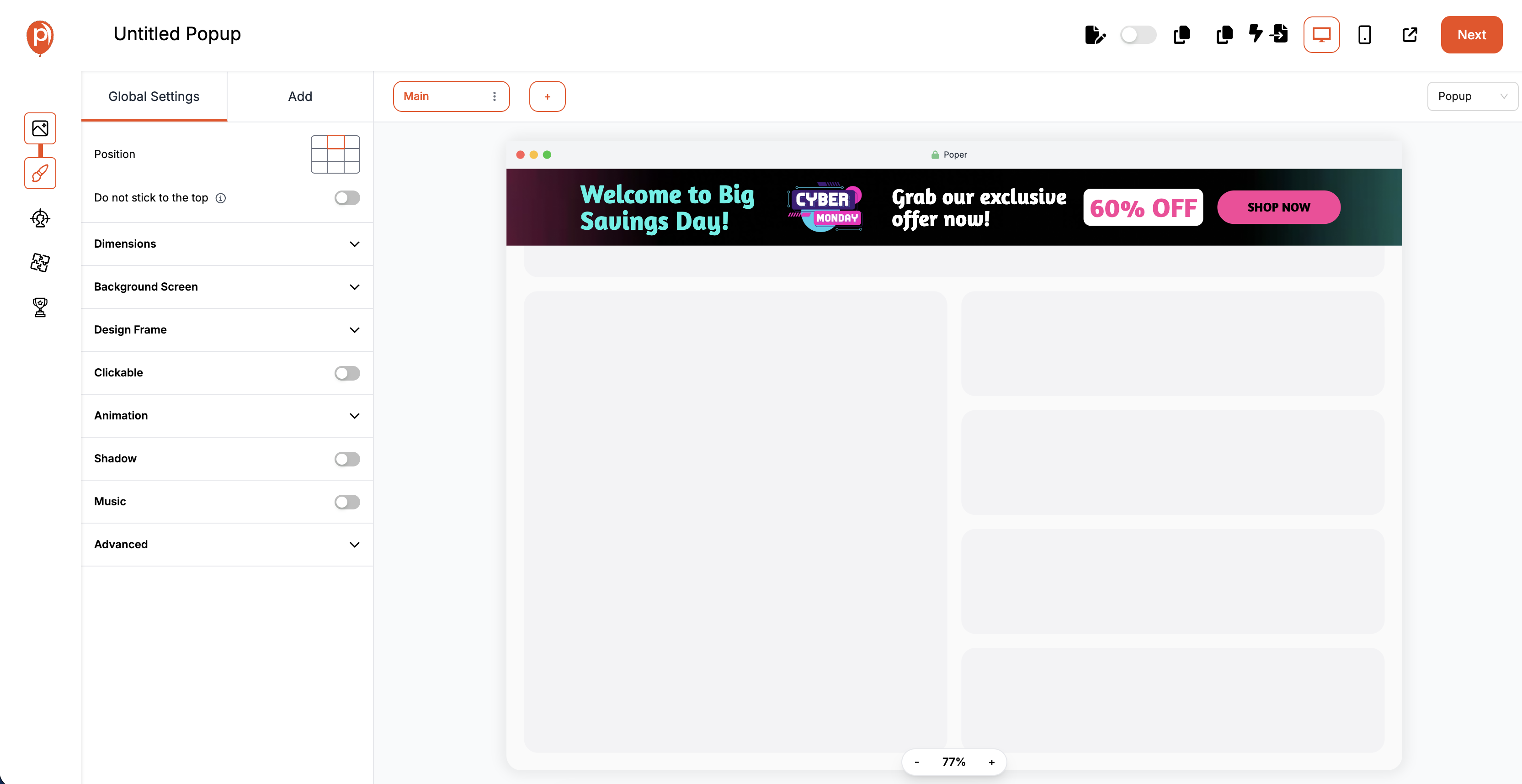 Poper editor interface