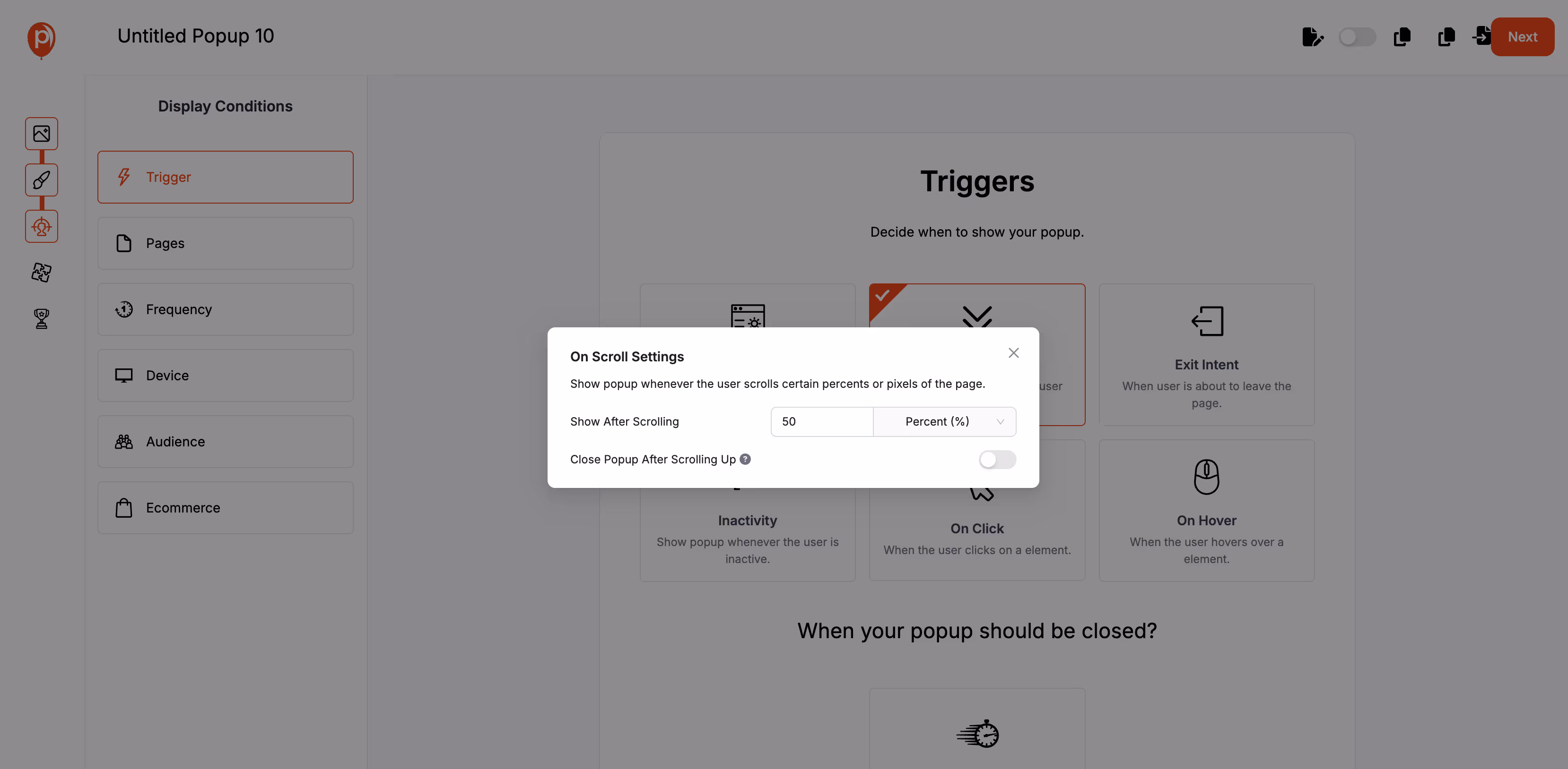 Setting Scroll trigger for your popup