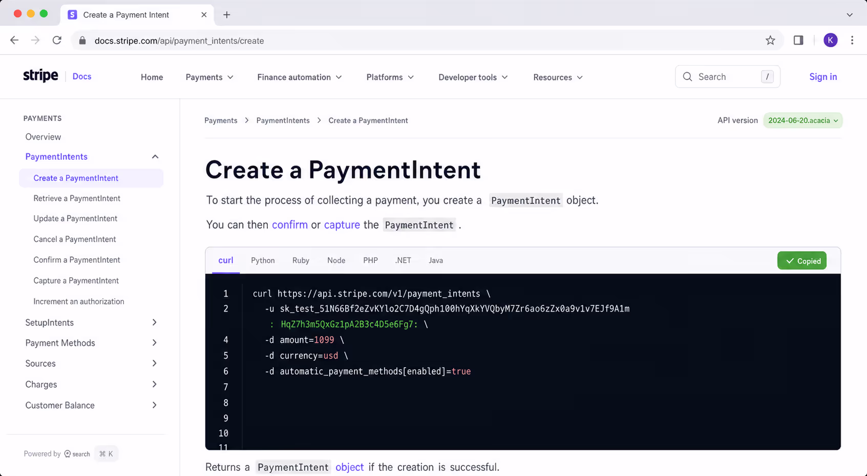 Copied state for a code embed button