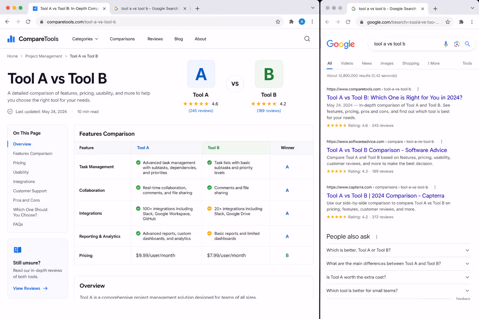 Tool A vs Tool B Comparison Table