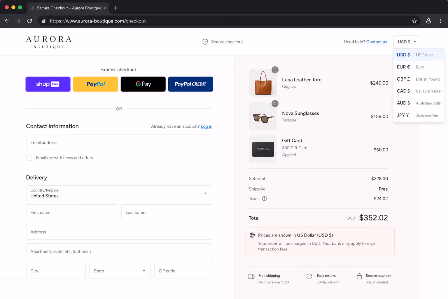Currency warning in checkout