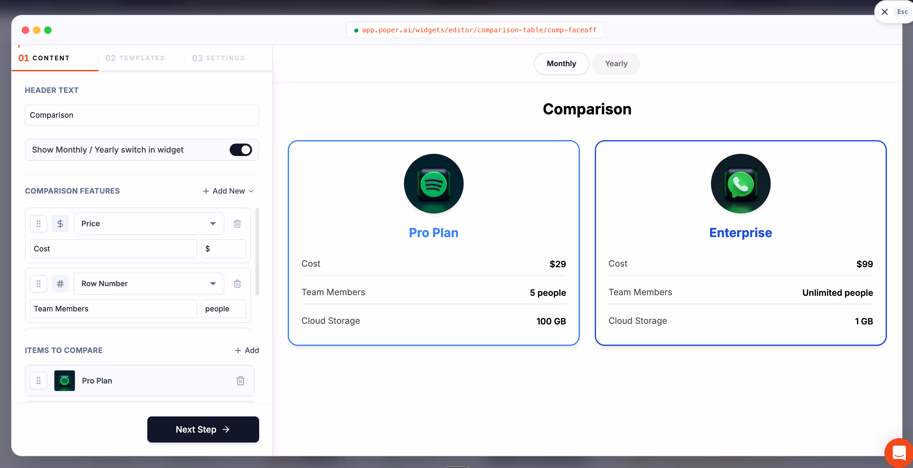 Poper's Comparison Table
