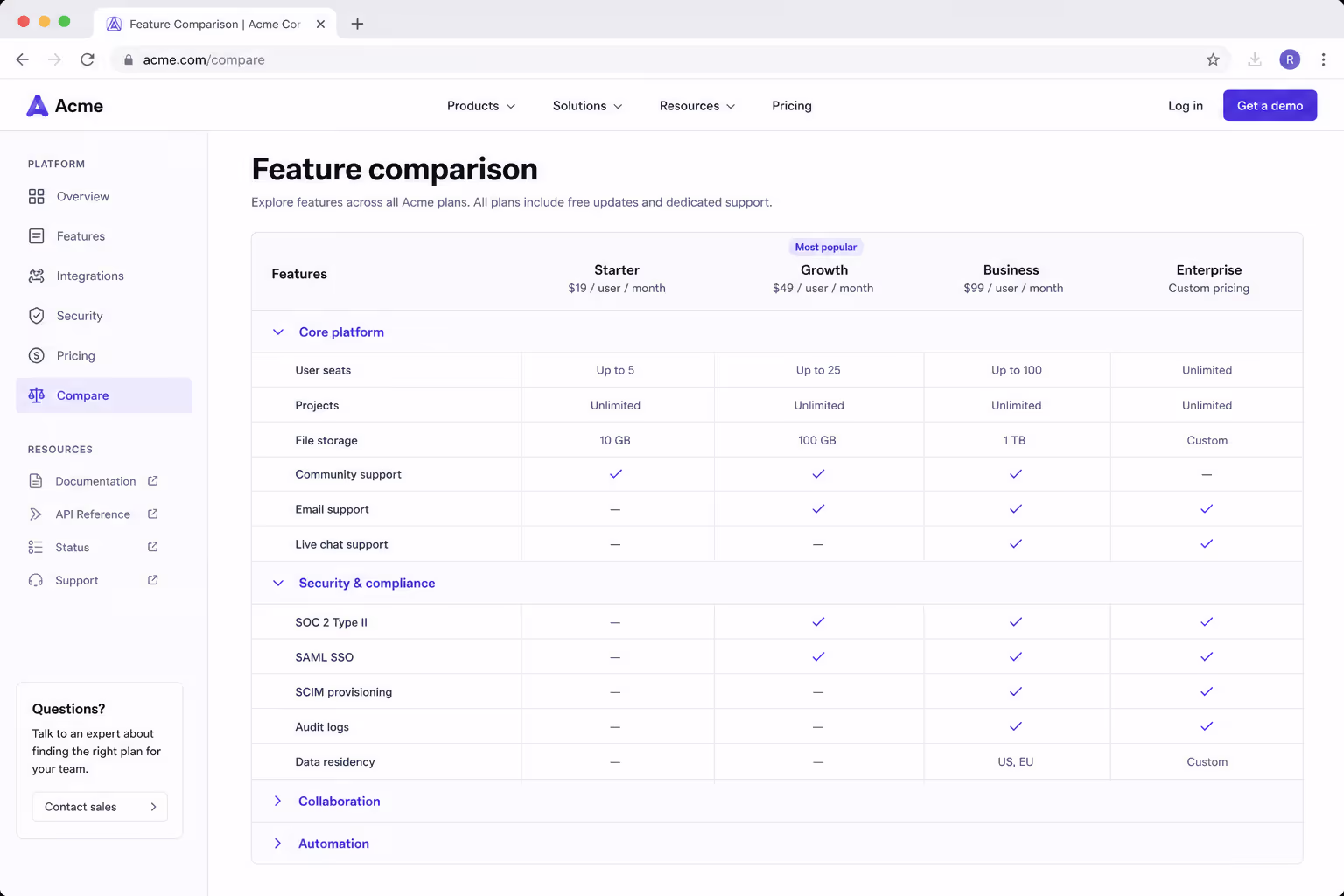Comparison table design example: enterprise feature matrix with expandable and collapsible groups