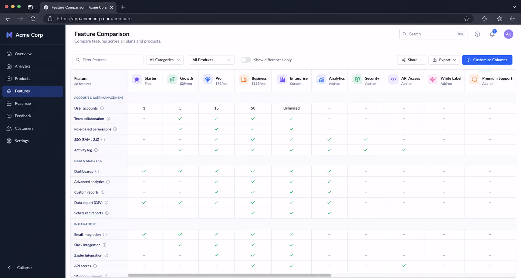 Comparison table design example: wide feature matrix with a sticky pinned first column
