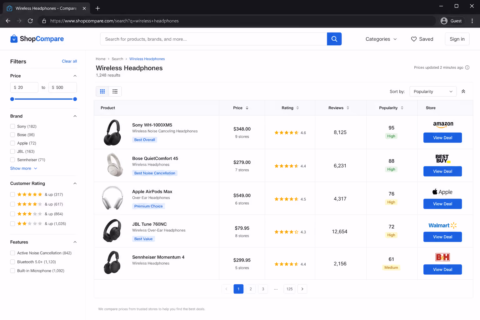 Comparison table design example: marketplace table with sortable price and rating columns