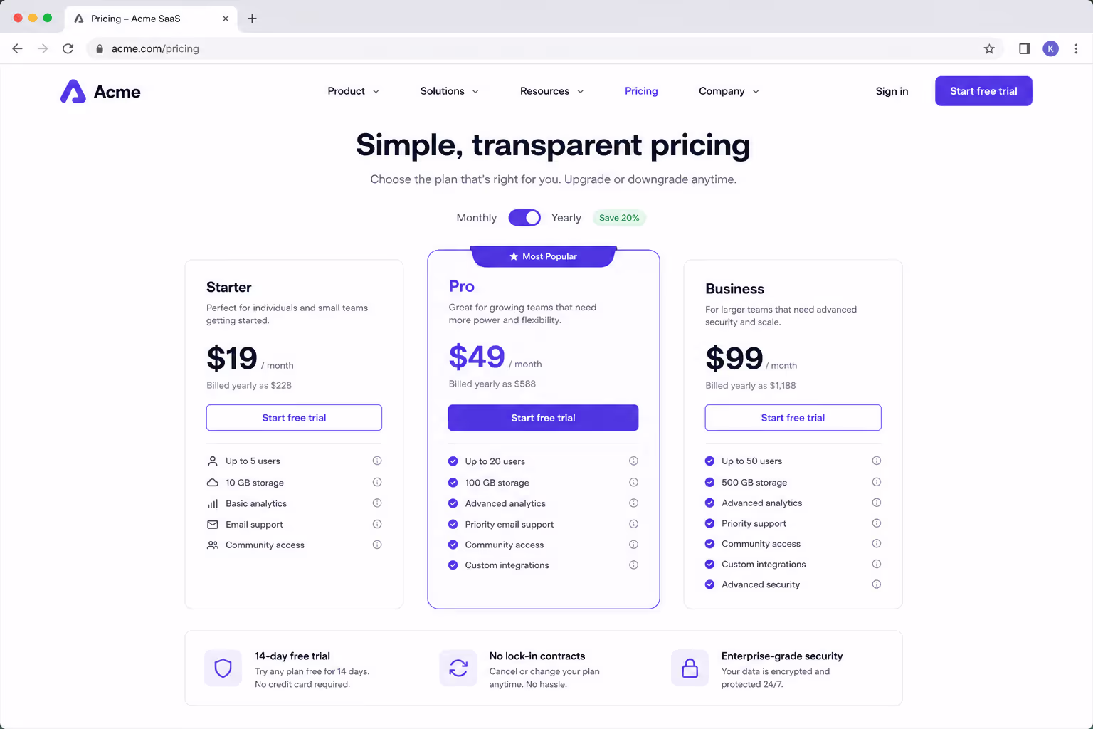Comparison Table in Pricing Page
