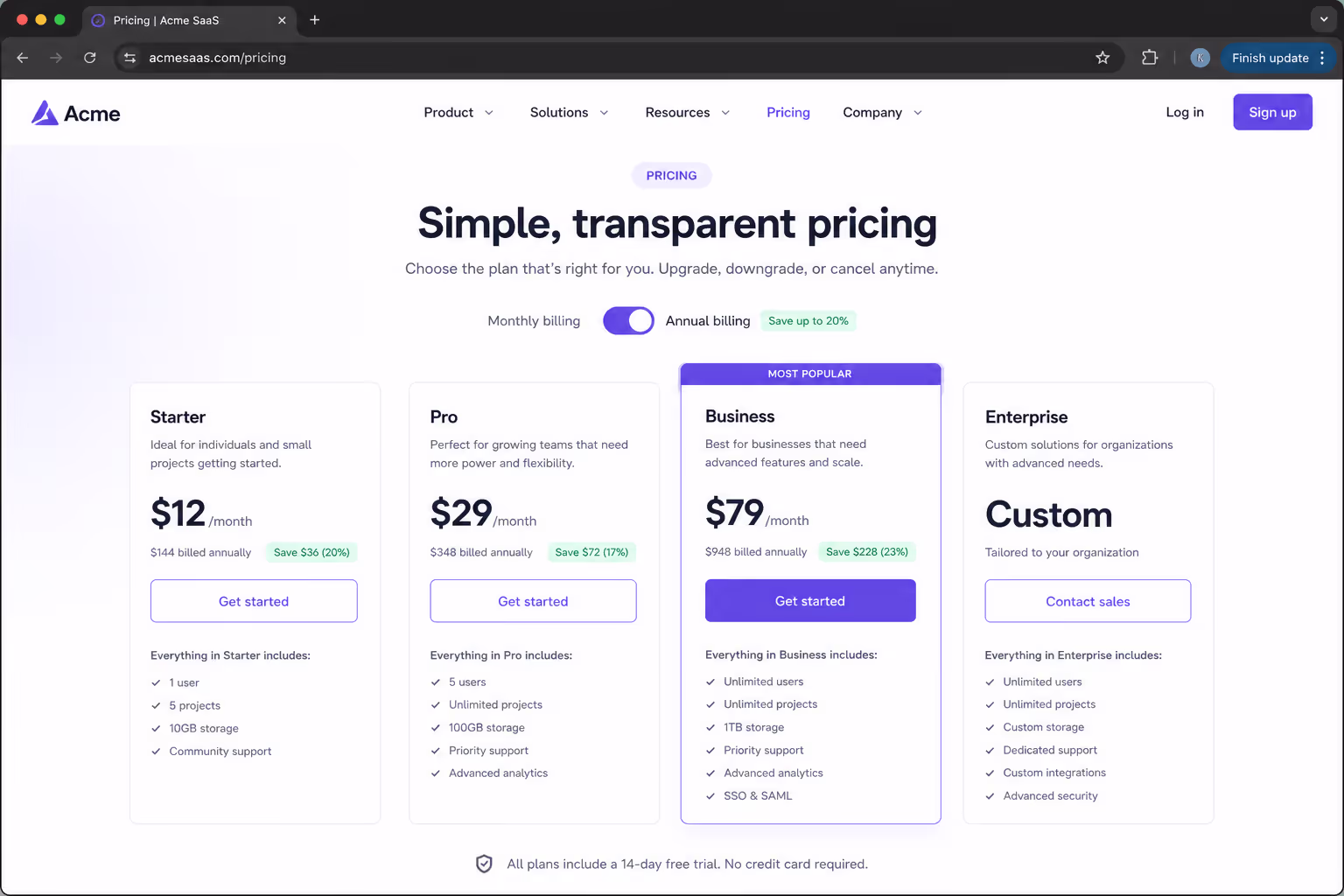 Comparison table design example: pricing table with a monthly versus annual billing toggle