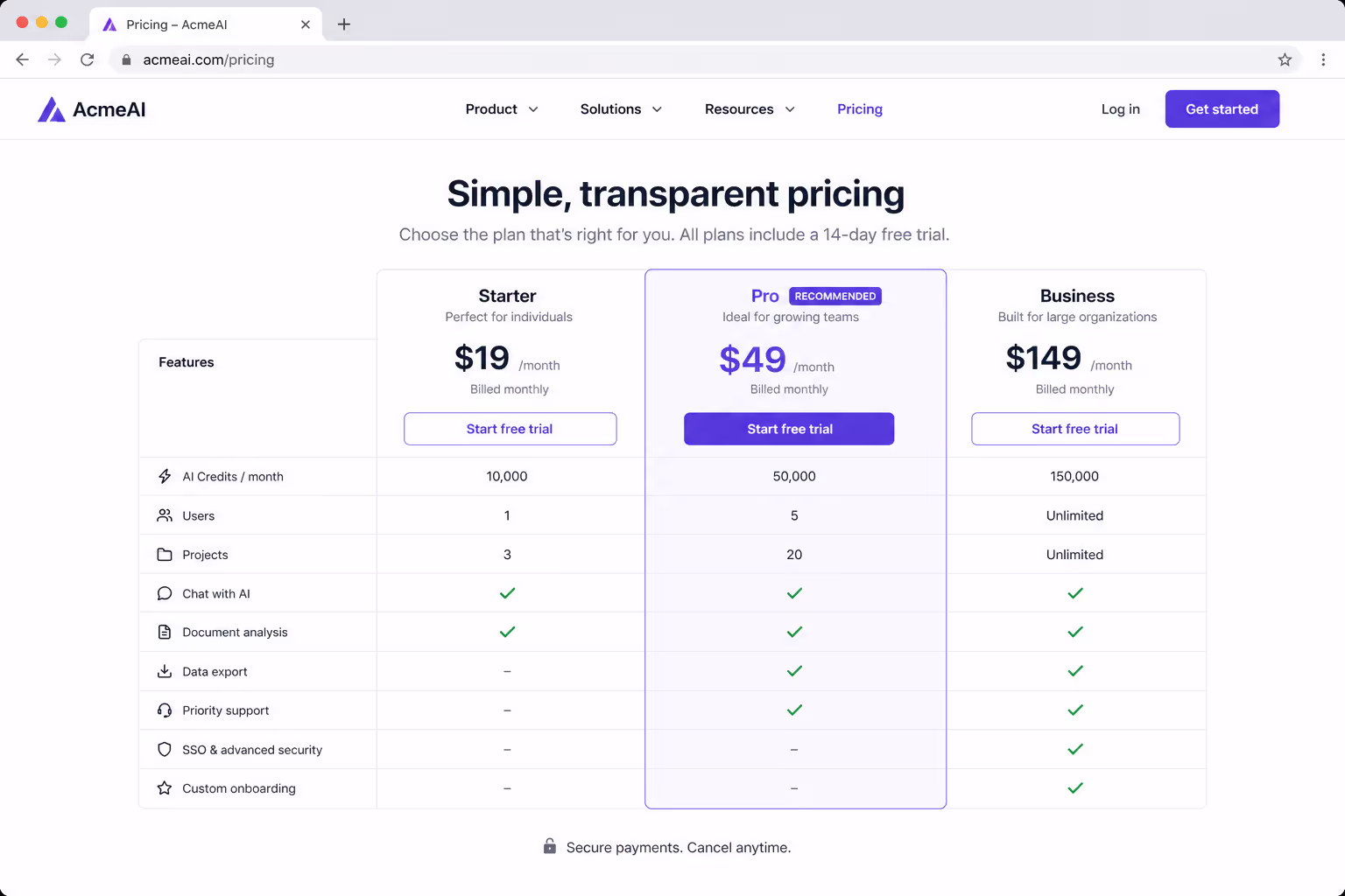 A product comparison table