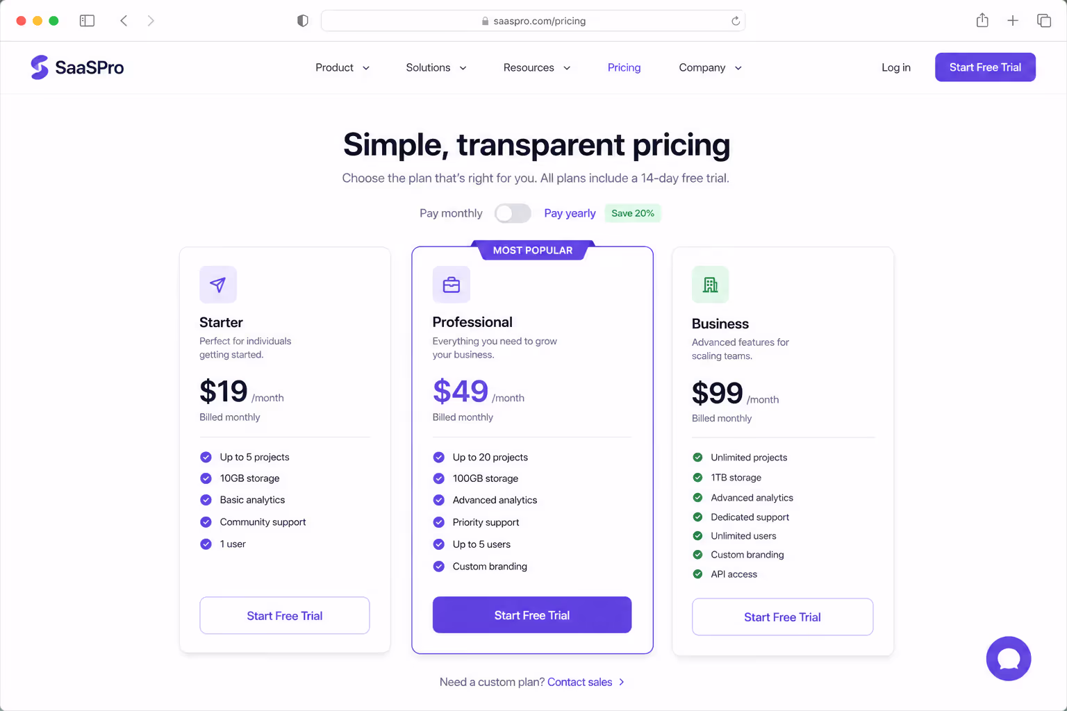 Comparison table design example: three-tier SaaS pricing grid with the middle Pro plan highlighted
