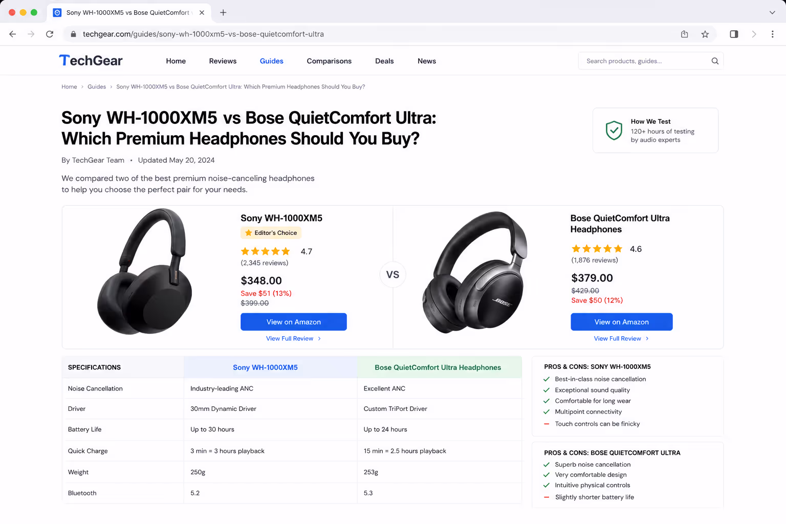 Comparison table design example: head-to-head two-product buying-guide comparison