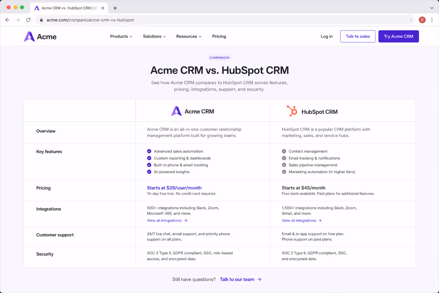 Comparison table design example: two-column layout comparing your product against a competitor