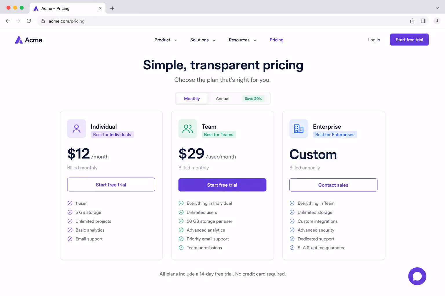 Comparison table design example: pricing plans each tagged with a best-for persona line