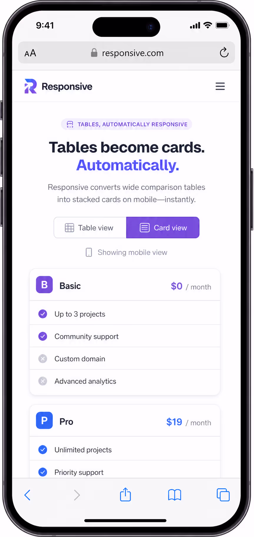 Comparison table design example: comparison grid collapsing into stacked cards on mobile