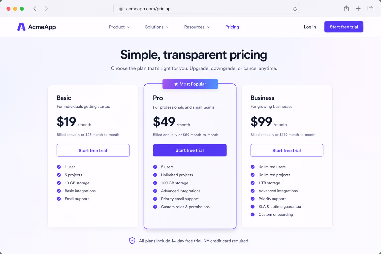 Comparison table design example: pricing table with a Most popular ribbon on the recommended column