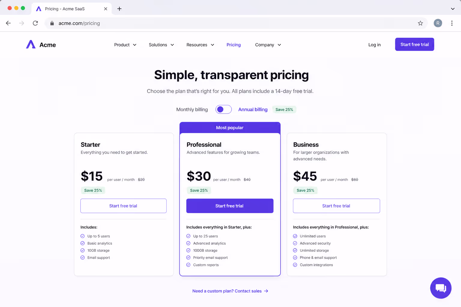 Comparison table design example: annual pricing column carrying a savings badge