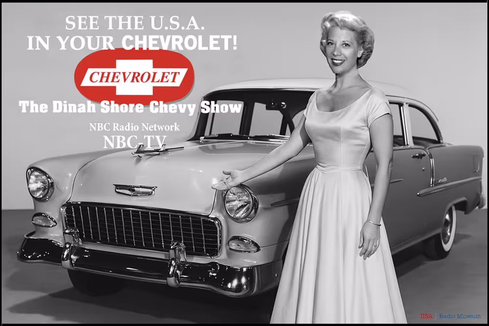 Dinah Shore in front of a 1958 Chevy