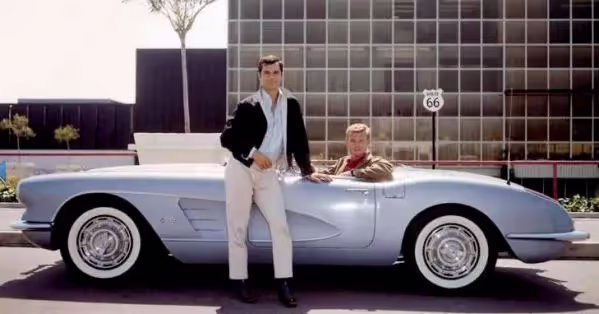 Route 66 TV show promo picture. Two guy in a vintage corvette