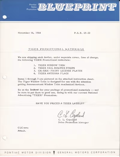 Pontiac sales sheet showing tiger accessories for dealer display.
