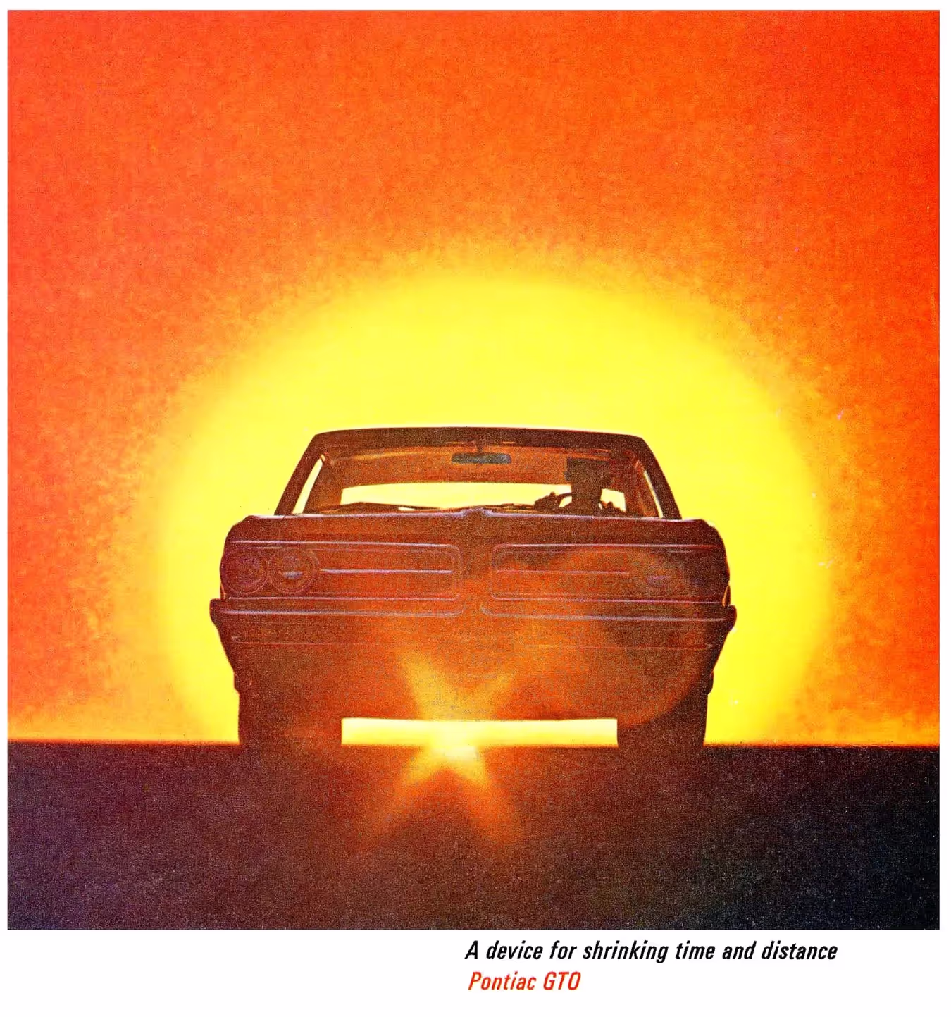 First Pontiac GTO print ad: Device for shrinking time and distance. GTO silhouette in front of sun rise.