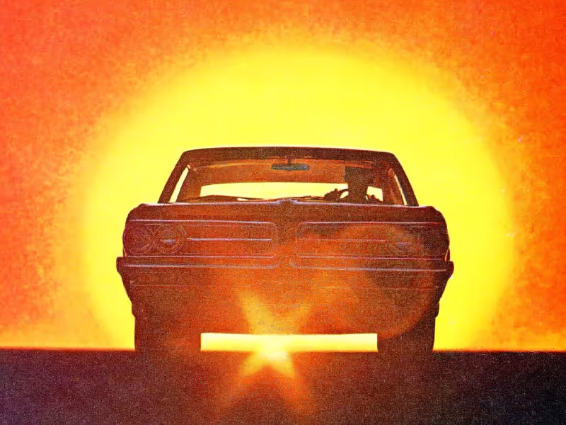 1964 Pontaic GTO print ad- Silhouette of GTO in front of sun rise.